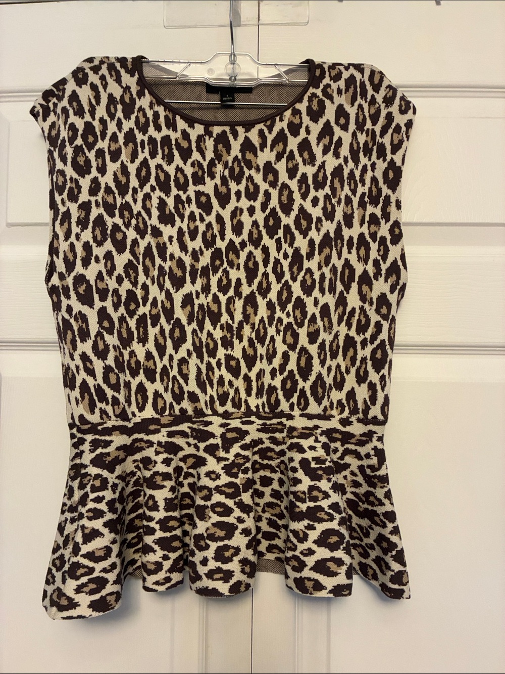 Ann Taylor Animal Print Peplum Top Textured Knit Brown Cream Small
